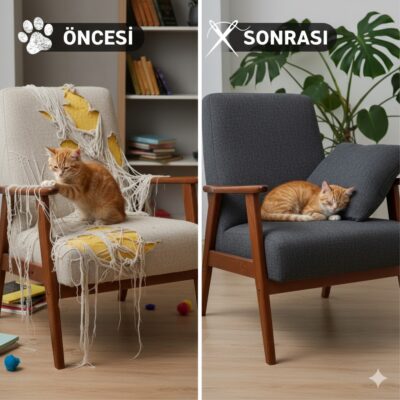 Kedi tırmalaması sonucu yıpranmış koltuk ve tay tüyü kumaşla yenilenmiş hali